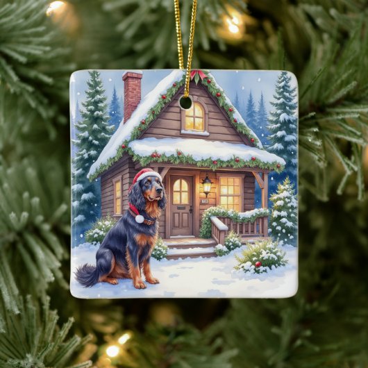 Gordon Setter Snowy Lodge Santa Hat Christmas Art Keramikornament (Baum)