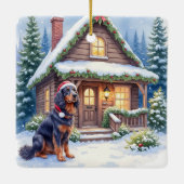 Gordon Setter Snowy Lodge Santa Hat Christmas Art Keramikornament (Rückseite)