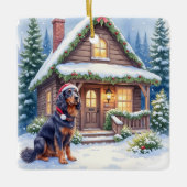 Gordon Setter Snowy Lodge Santa Hat Christmas Art Keramikornament (Vorderseite)