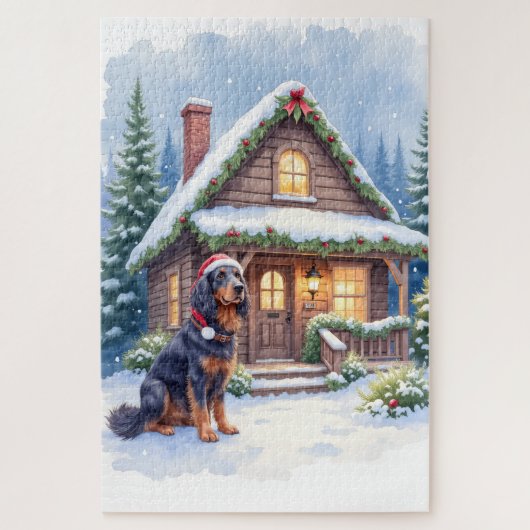 Gordon Setter Snowy Lodge Santa Hat Christmas Art Puzzle (Vertikal)