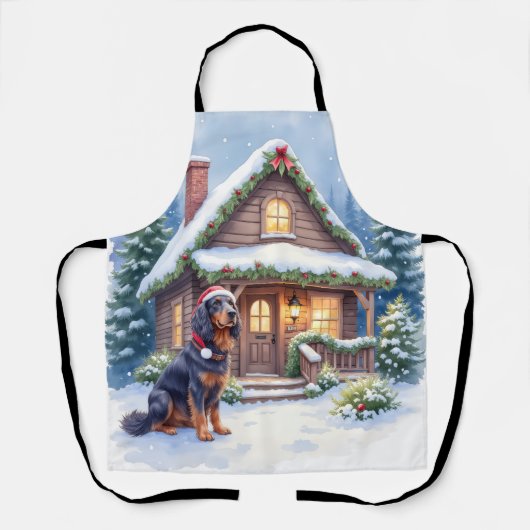 Gordon Setter Snowy Lodge Santa Hat Christmas Art Schürze (Vorderseite)