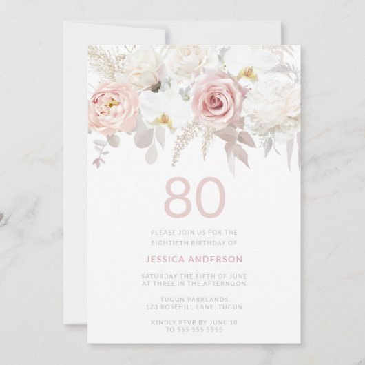Gorgeous 80th Birthday Party Blush Floral Einladung (Vorderseite)