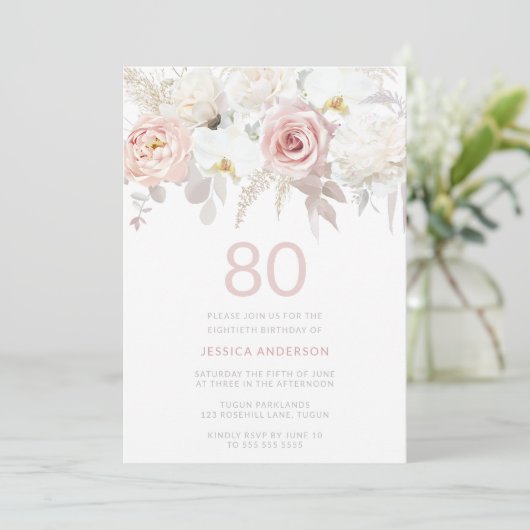 Gorgeous 80th Birthday Party Blush Floral Einladung (Stehend Vorderseite)