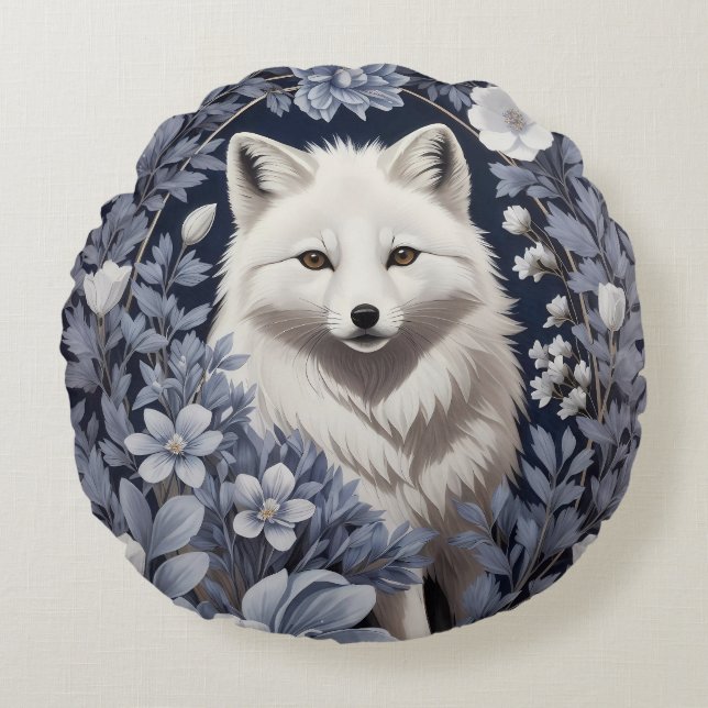 Gorgeous Arctic Fox William Morris Inspiriert Rundes Kissen (Vorderseite)