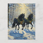 Gorgeous Black Horses Wreaths in Winter Woods Postkarte (Vorderseite)