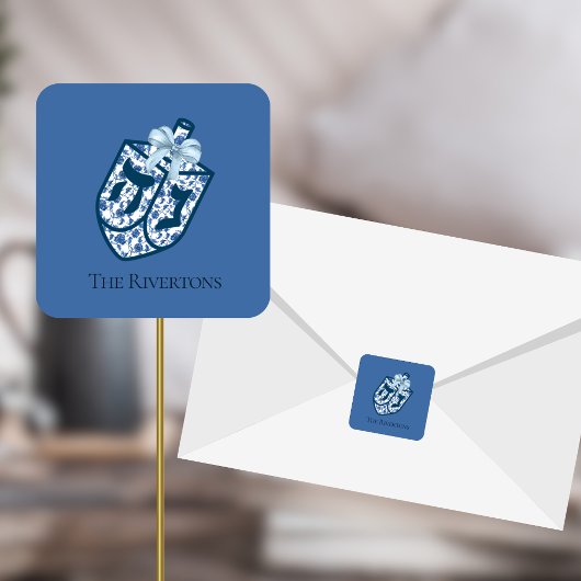 Gorgeous Blue Dreidel Chinoiserie Name Sticker