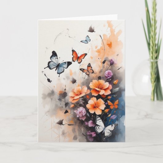 Gorgeous Blue Orange Butterflies Florals Blank Karte (Vorderseite)