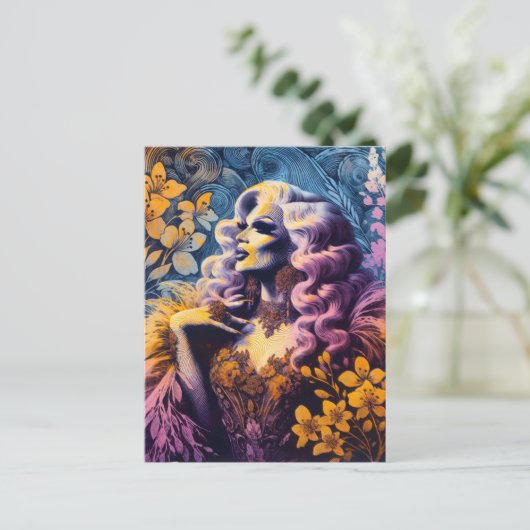 Gorgeous Drag Queen in Blume Postkarte (Stehend Vorderseite)