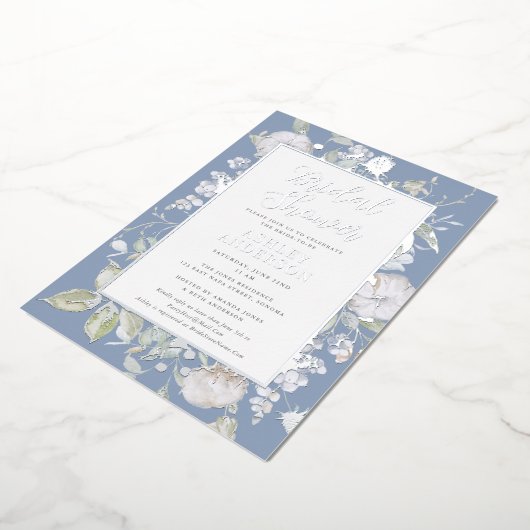 Gorgeous Dusty Blue Botanical Brautparty Silver Folieneinladung (Gedreht)