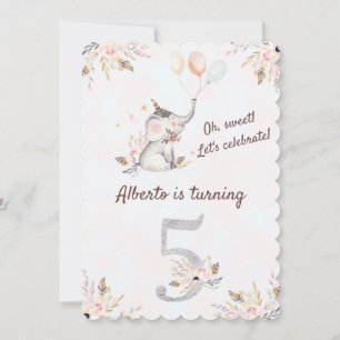 Gorgeous Elephant Boho Floral 5. Geburtstag Einladung