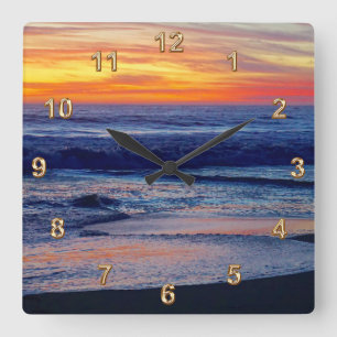 Gorgeous Night Sunset Beach CLOCKS or YOUR PHOTO Quadratische Wanduhr
