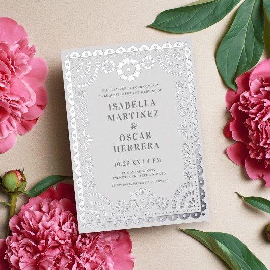 Gorgeous Papel Picado Boda Wedding Silver REAL Folieneinladung