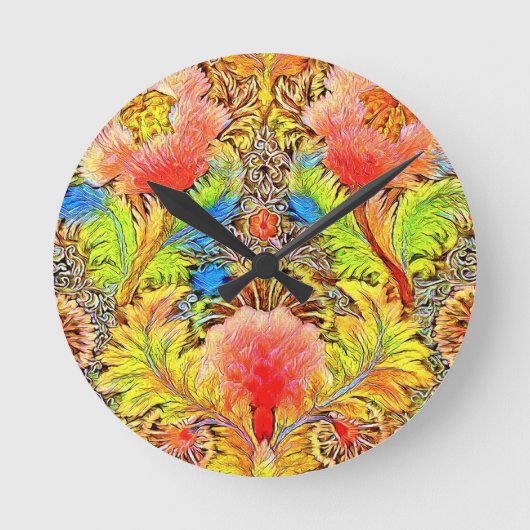 Gorgeous Peach farbige botanische Stickerei Runde Wanduhr (Vorderseite)
