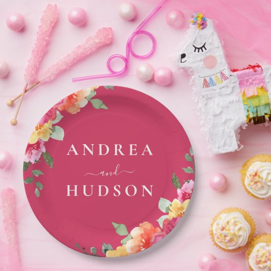 Gorgeous Pink Watercolor Flowers Wedding Pappteller (Party)