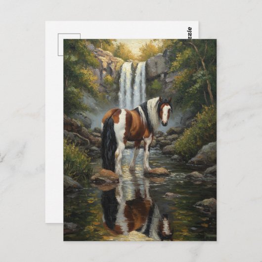 Gorgeous Pinto Horse at the Waterfall Postkarte (Vorne/Hinten)