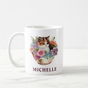 Gorgeous Watercolor Calico Katze und Blume Kaffeetasse