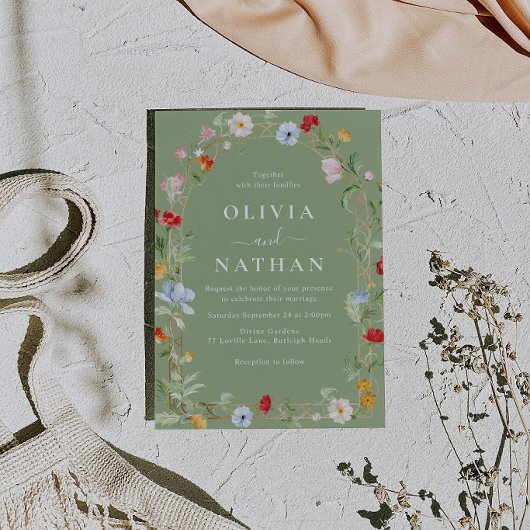 Gorgeous Wildflower Wreath Sage Wedding  Einladung