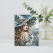 Gorgeous Witch in Silver Dress and Hat Full Moon Postkarte (Stehend Vorderseite)