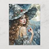Gorgeous Witch in Silver Dress and Hat Full Moon Postkarte (Vorderseite)