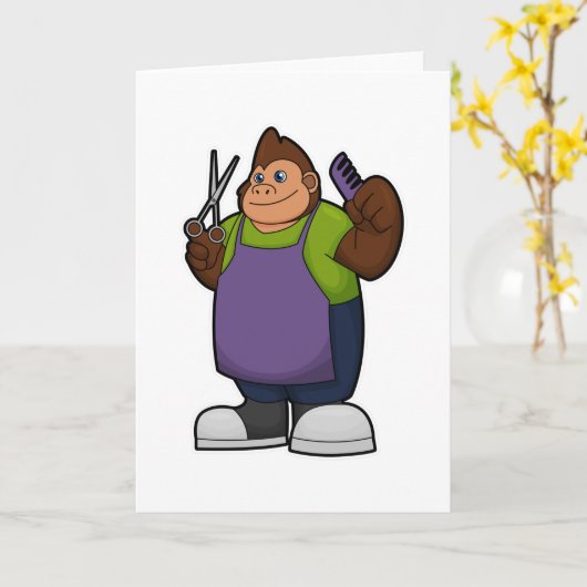 Gorilla als Friseur mit Schere & Kamin Karte (Gelbe Blume)