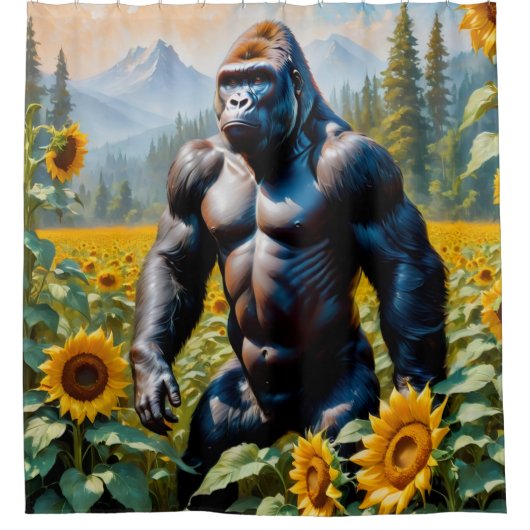 Gorilla Ape in einem Feld der Sonnenblumen Duschvorhang (Vorderseite)