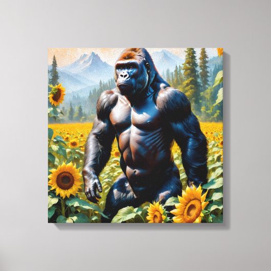 Gorilla Ape in einem Feld der Sonnenblumen Leinwanddruck (Vorderseite)