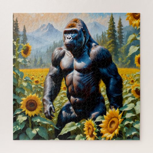 Gorilla Ape in einem Feld der Sonnenblumen Puzzle (Vertikal)