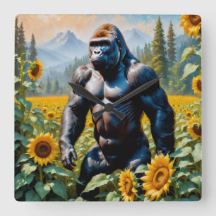 Gorilla Ape in einem Feld der Sonnenblumen Quadratische Wanduhr