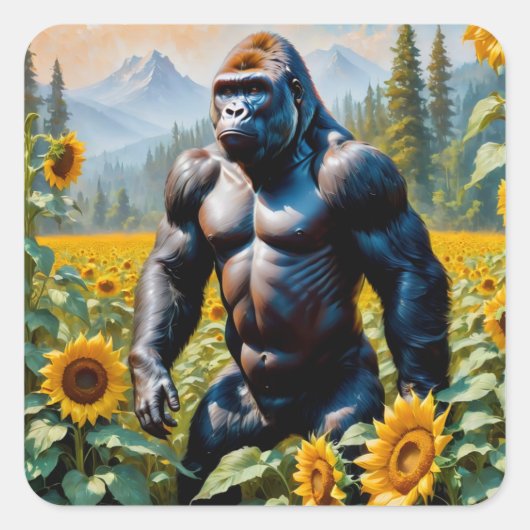 Gorilla Ape in einem Feld der Sonnenblumen Quadratischer Aufkleber (Vorderseite)