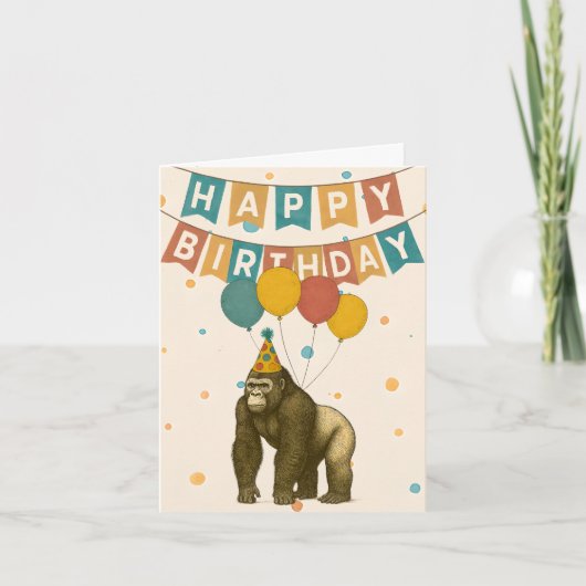 Gorilla Birthday Card - Funny Animal with Balloons Karte (Vorderseite)