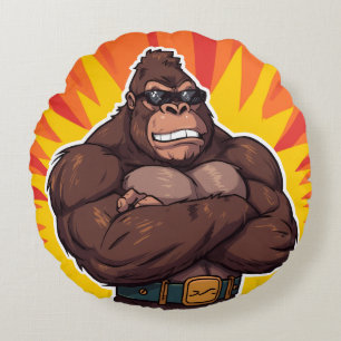 Gorilla Bodybuilder Gewichtheber Pop Art Cartoon Rundes Kissen