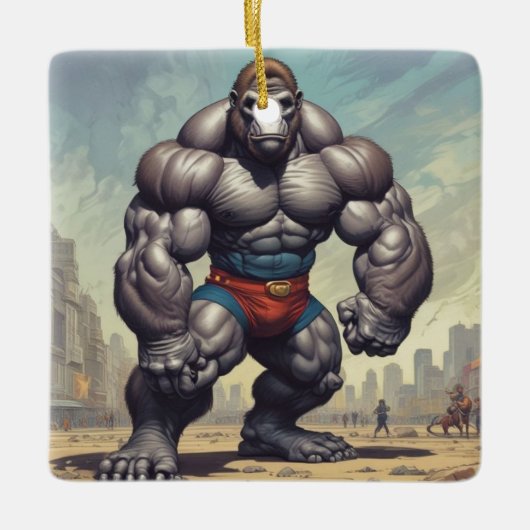 Gorilla Bodybuilder Pop Art Cartoon Zeichnend Keramikornament (Vorderseite)