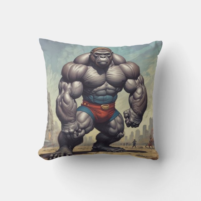 Gorilla Bodybuilder Pop Art Cartoon Zeichnend Kissen (Vorderseite)