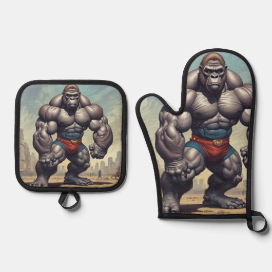 Gorilla Bodybuilder Pop Art Cartoon Zeichnend Ofenhandschuh & Topflappen-Set (Vorderseite)