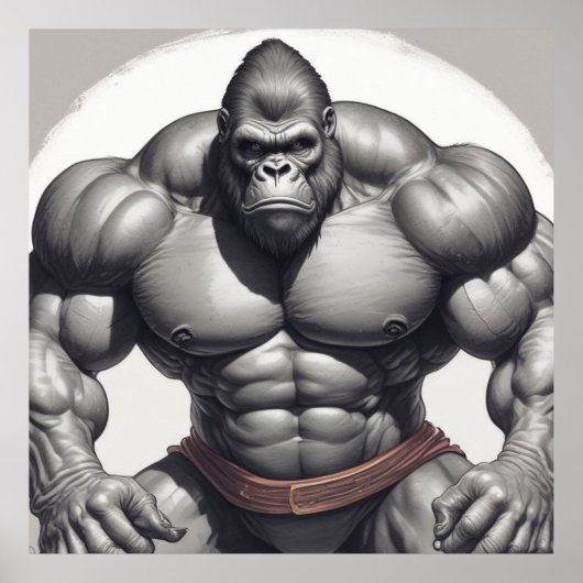Gorilla Bodybuilder Pop Art Cartoon Zeichnend Poster (Vorne)