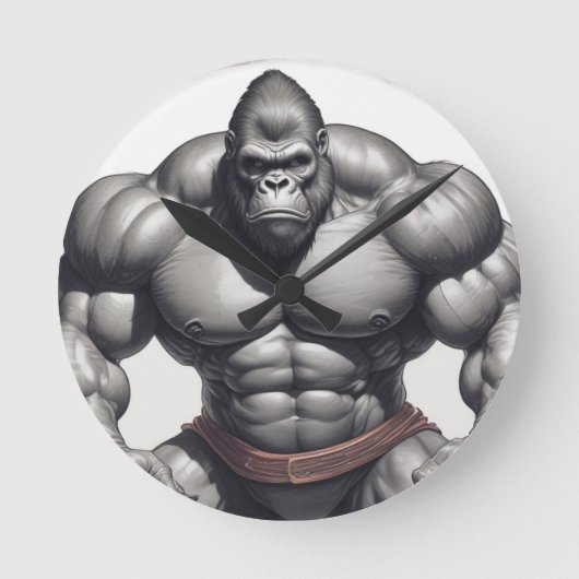 Gorilla Bodybuilder Pop Art Cartoon Zeichnend Runde Wanduhr (Vorderseite)