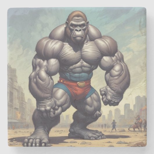 Gorilla Bodybuilder Pop Art Cartoon Zeichnend Steinuntersetzer (Vorderseite)