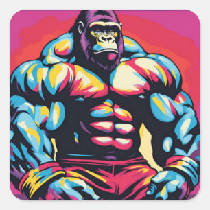 Gorilla Bodybuilder Pop Cartoon Quadratischer Aufkleber