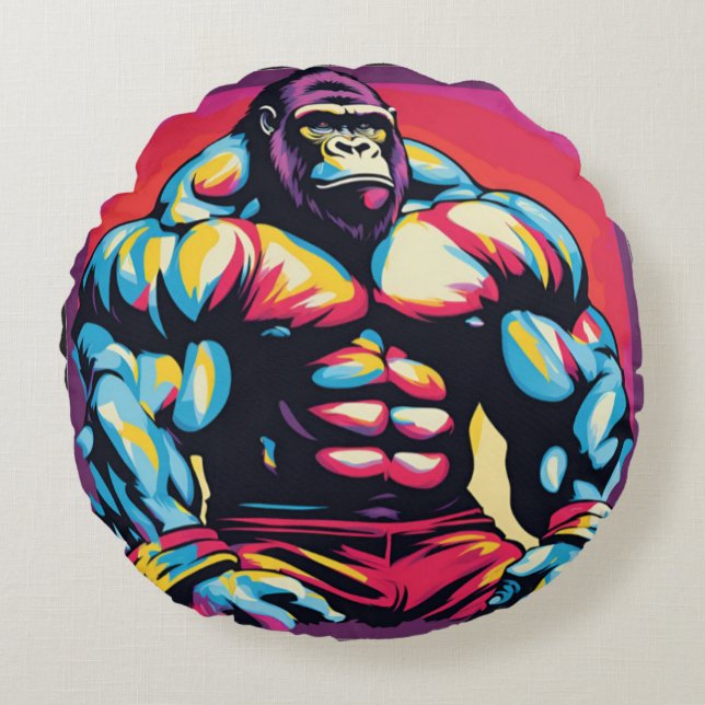 Gorilla Bodybuilder Pop Cartoon Rundes Kissen (Vorderseite)