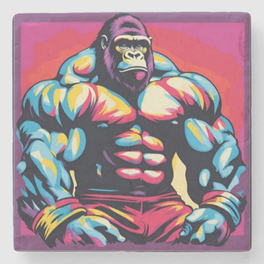 Gorilla Bodybuilder Pop Cartoon Steinuntersetzer (Vorderseite)