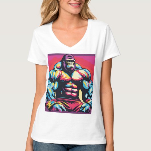 Gorilla Bodybuilder Pop Cartoon T-Shirt (Vorderseite)