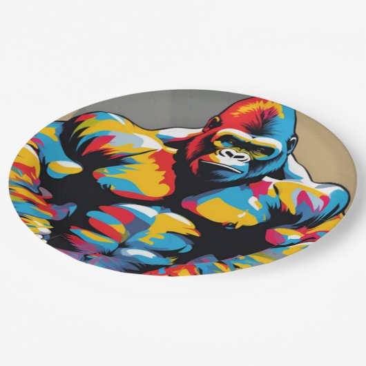 Gorilla Bodybuilder Pop Hebebühnen Cartoon Pappteller (Schrägansicht)