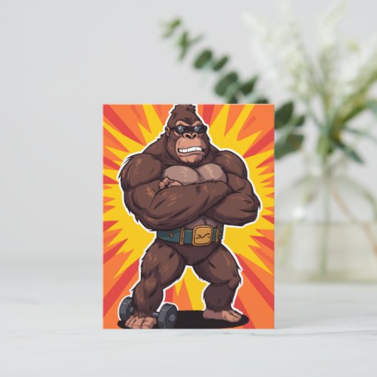 Gorilla Bodybuilder Weight Lifter Pop Art Cartoon Postkarte (Stehend Vorderseite)