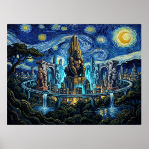 Gorilla City Sternennacht Comic-Landschaft Poster