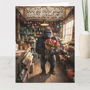 Gorilla hält einen Strauß Tulpen mit lustigem Text Karte