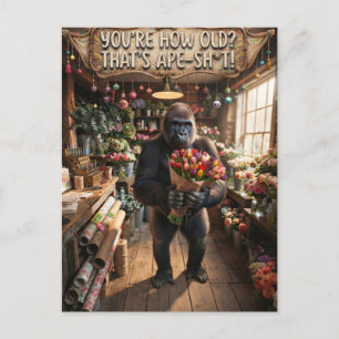 Gorilla hält einen Strauß Tulpen mit lustigem Text Postkarte