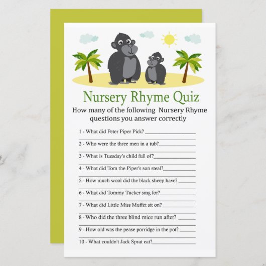 Gorilla Kinderzimmer Rhyme Quiz Babyduschenspiel (Vorne/Hinten)