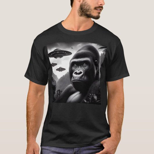 Gorilla Monkey Funny Graphic Selfie with UFOs Weir T-Shirt (Vorderseite)