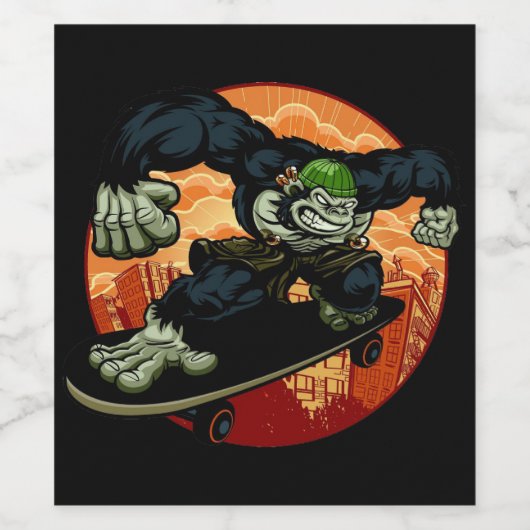 Gorilla Reiten auf Skateboard, Gorilla Monkey Ape  Weinetikett (Einzelnes Label)