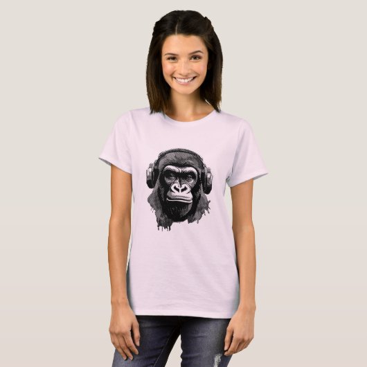 Gorillakopf mit Kopfhörern schwarz weiß Pixel T-Shirt (Vorne ganz)